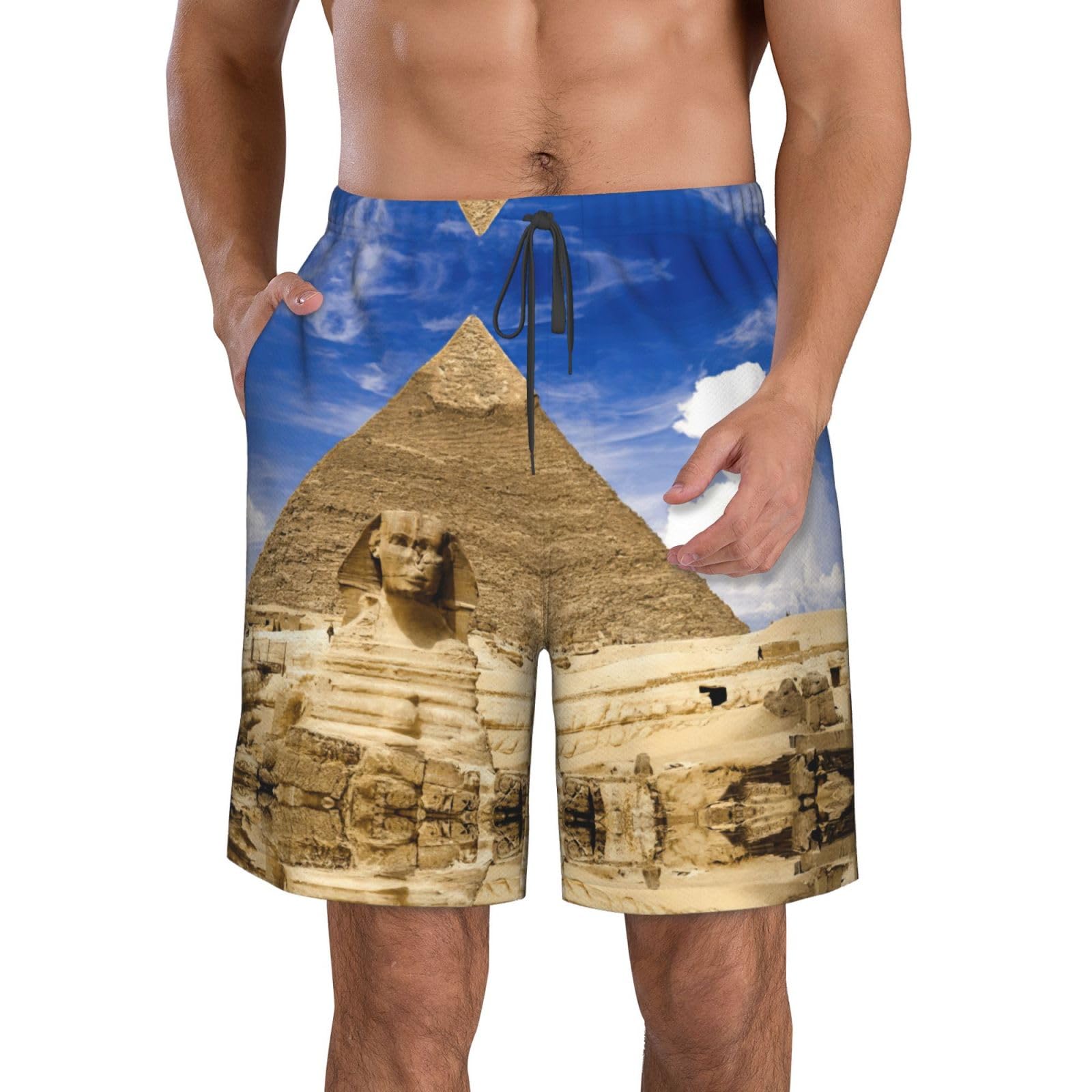 Yagdaa Men's White Pyramids Of Egypt Print Shorts Casual Flat Front Shorts Quick-Dry Shorts For Summer Athletic Beach Gym
