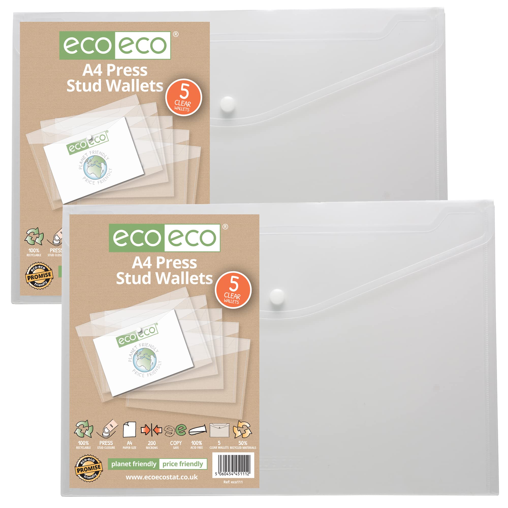 eco-eco A4 50% Recycled Clear Transparent Press Stud Popper Wallet, Plastic Folders 310x238mm (Pack of 10), 200mic, eco111x2