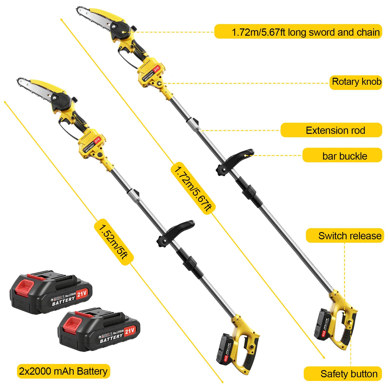 21V Akku Teleskop Hochentaster, 6 Zoll Hochentaster Akku Elektrisch,2-in-1 Teleskop Astsäge Astschere mit 2 x 2000mAh, Handkettensäge für Gartenscheren Astschere Holzschneidenz