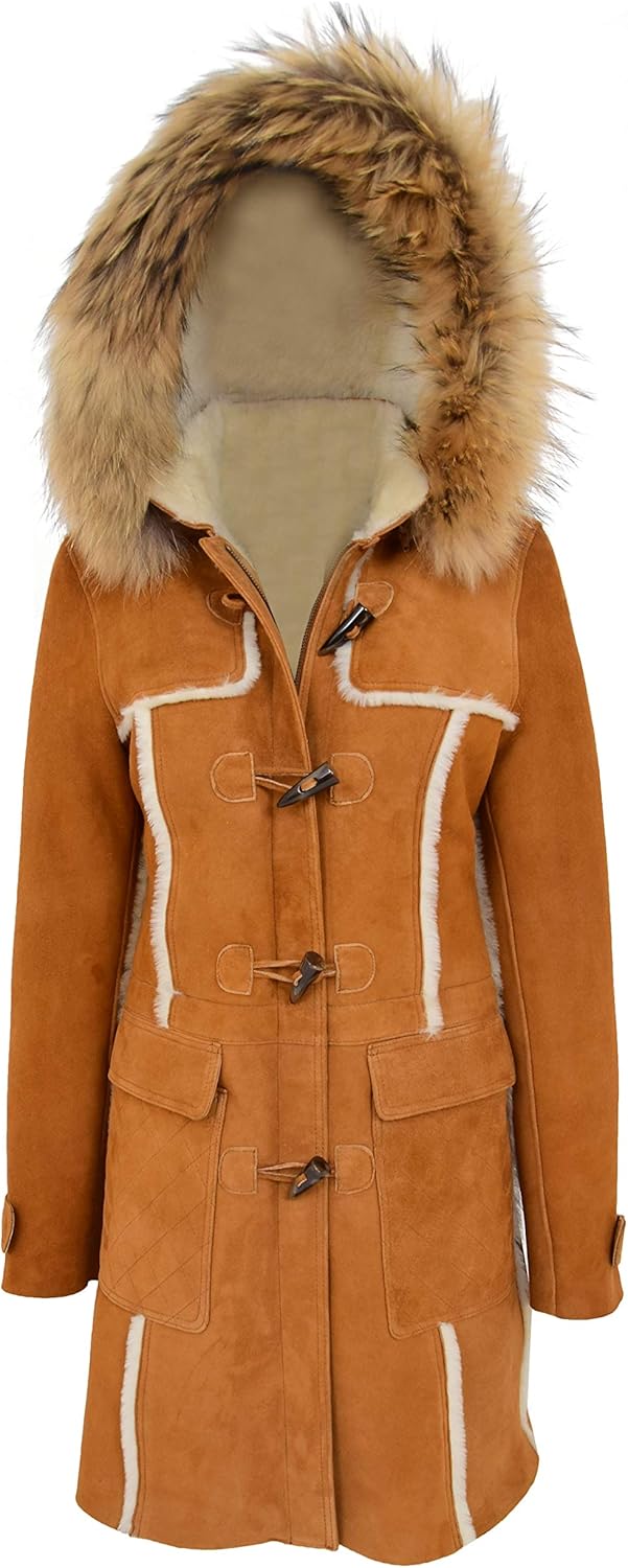 Womens Genuine Sheepskin Cognac Duffle Coat 3/4 Long Hooded Shearling Jacket Evie