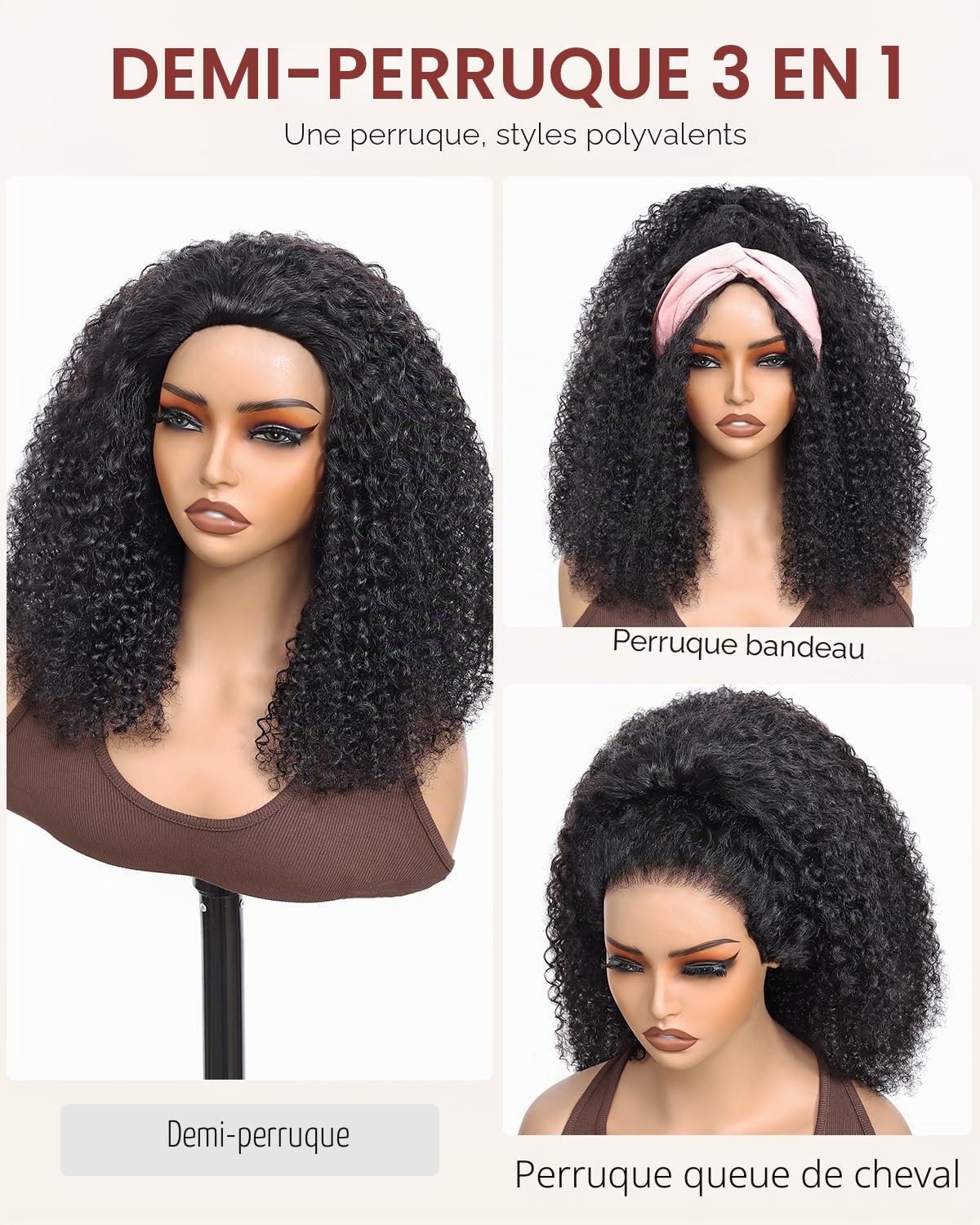 Half Wig Human Hair 200 Densité Kinky Curly 3 In 1 Seamless Flip Over Perruque Femme Naturelle 18 Inch Brésilien Glueless Wigs Human Hair with Drawstring Beginner Friendly Headband Wig for Women