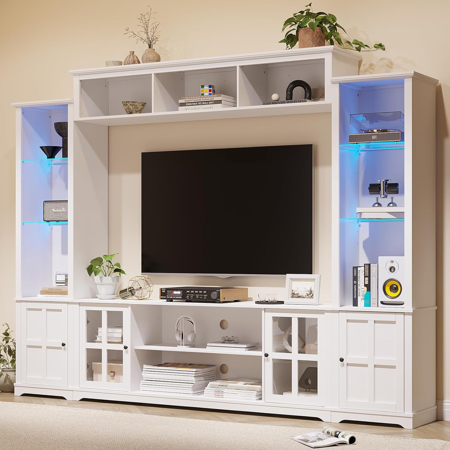 MEISSALIVVE Wall Unit TV Stand with Storage & LED Lights, Large Entertainment Center with Bookshelves for TVs up to 70", Media Console for Living Room, White