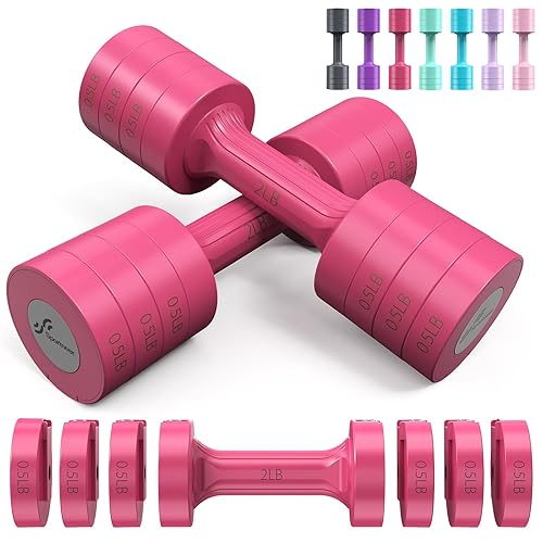 Sportneer Adjustable Dumbbells Hand Weights Set: 5 lb Dumbbell Set of 2 Each 2lb 3lb 4lb 5lb Free Weights Fast Adjust Weight 4 In 1 Weights Dumbbells Set for Women Men Home Gym Exercise Training - Hot Pink