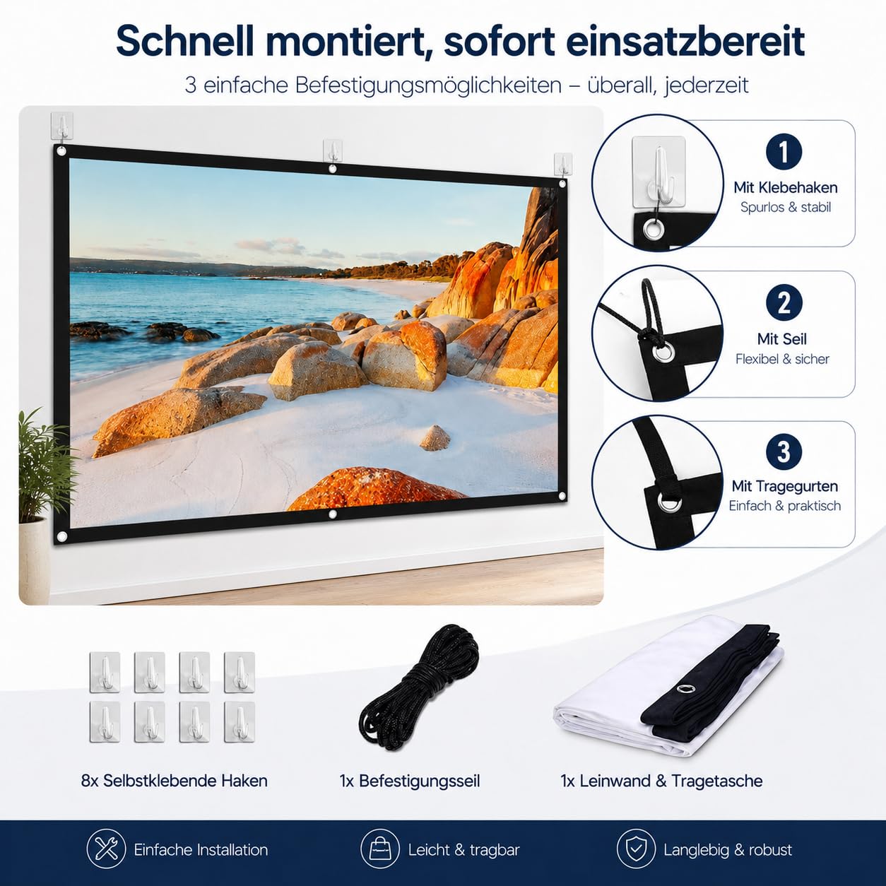 Leinwand Beamer,120 Zoll 16: 9 HD,Tragbare Faltbar Anti-Falten Doppelseitige Beamer Leinwand Outdoor für Camping,Heimkino,Schule,Treffen