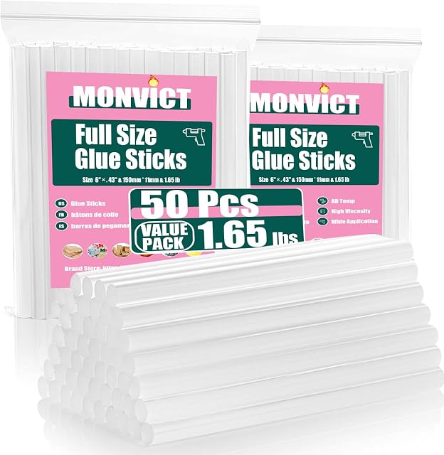 MONVICT Hot Glue Sticks, Pack of 50 (1.54 lb) 6" Long 0.43" Diameter Full-Size Hot Glue Gun Sticks Art Glues Pastes Hot Melt for Most Large Glue Guns, Clear Glue Sticks for DIY, Arts & Crafts | 6"Long 0.43" Diameter, Art Glues Pastes Hot Melt Sticks