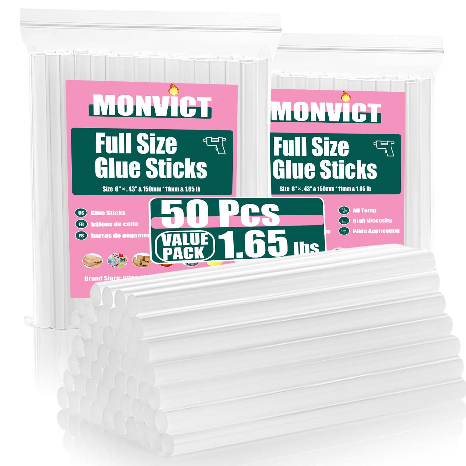 MONVICT Hot Glue Sticks, Pack of 50 (1.65lbs) 6"Long 0.43" Diameter Full-Size Hot Glue Gun Sticks Art Glues Pastes Hot Melt Sticks for Most Large Glue Guns, Clear Glue Sticks for DIY, Arts & Crafts
