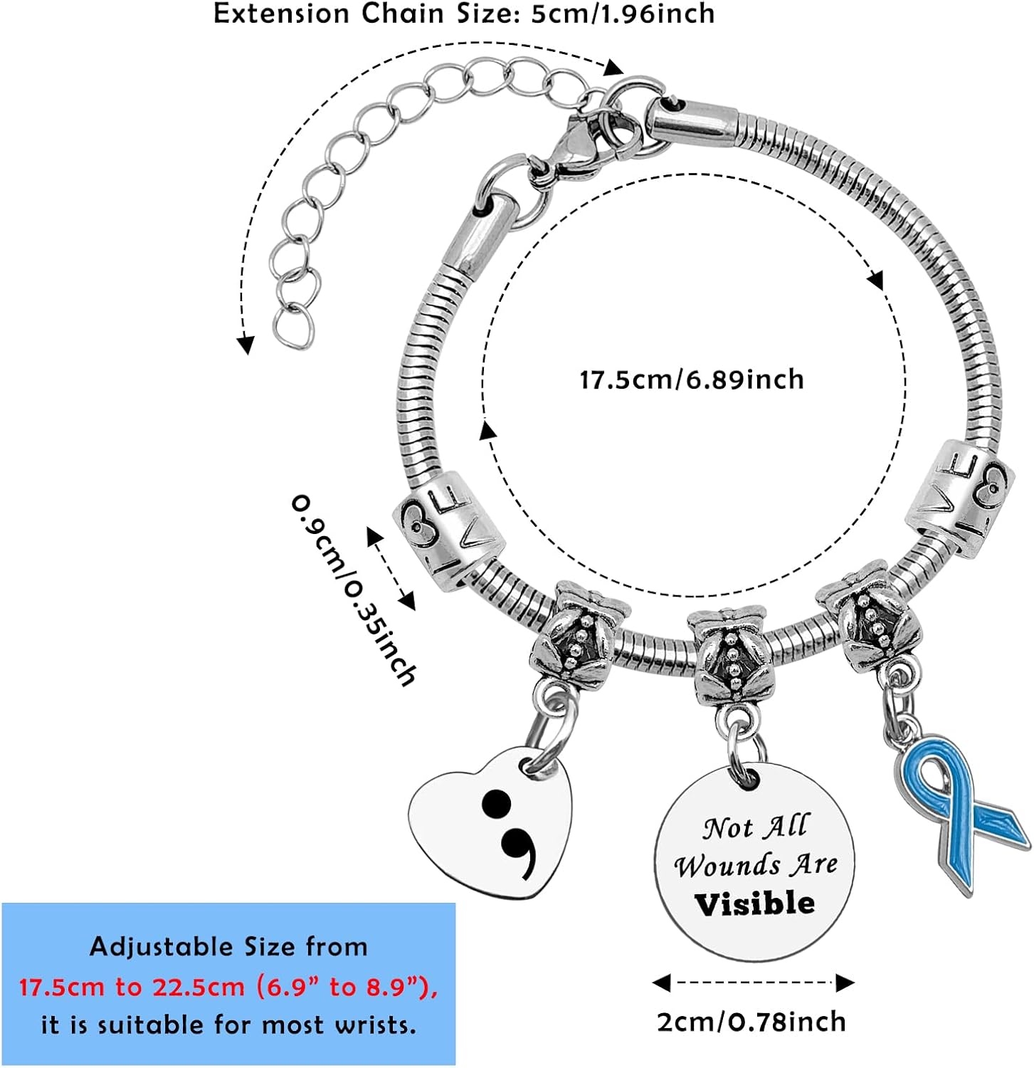 Semicolon Gift Mental Health Gifts for Women Bracelet PTSD Awareness Ribbon Bracelet Depression Awareness Gift Inspirational Jewelry for Friend Mom Sister Cancer Recovery Gifts - Image 5