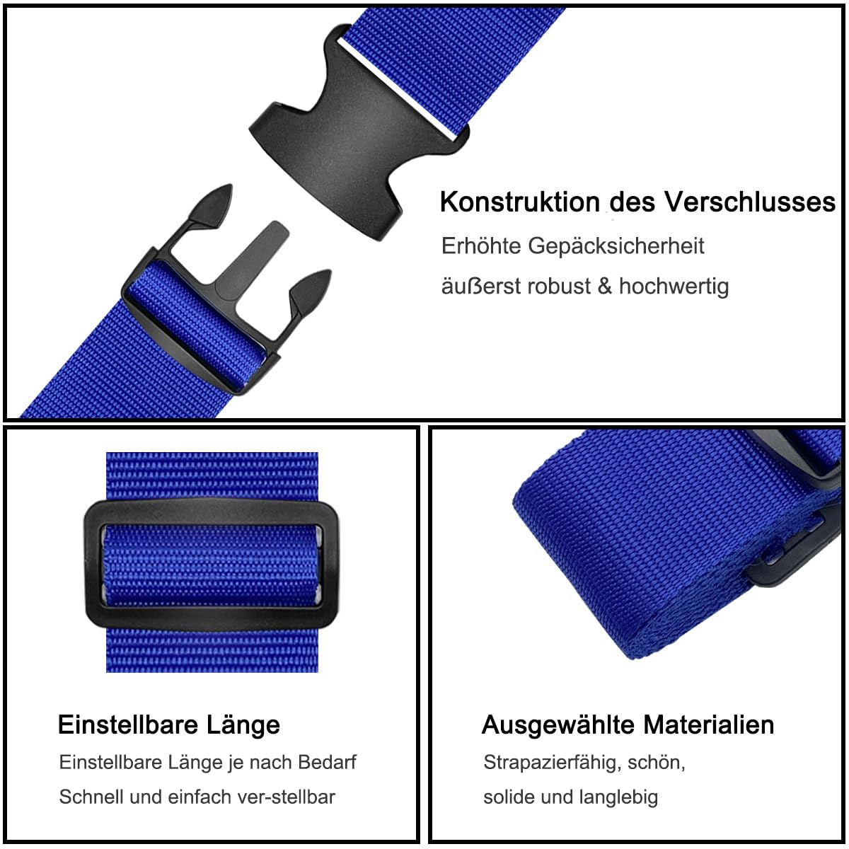 Cinghia per valigia di alta qualità (2 pezzi), Con 2 etichette per bagagli, Identificazione personalizzate, Per chiusura della borsa da viaggio, Valigie, 5 x 200cm, Blu scuro