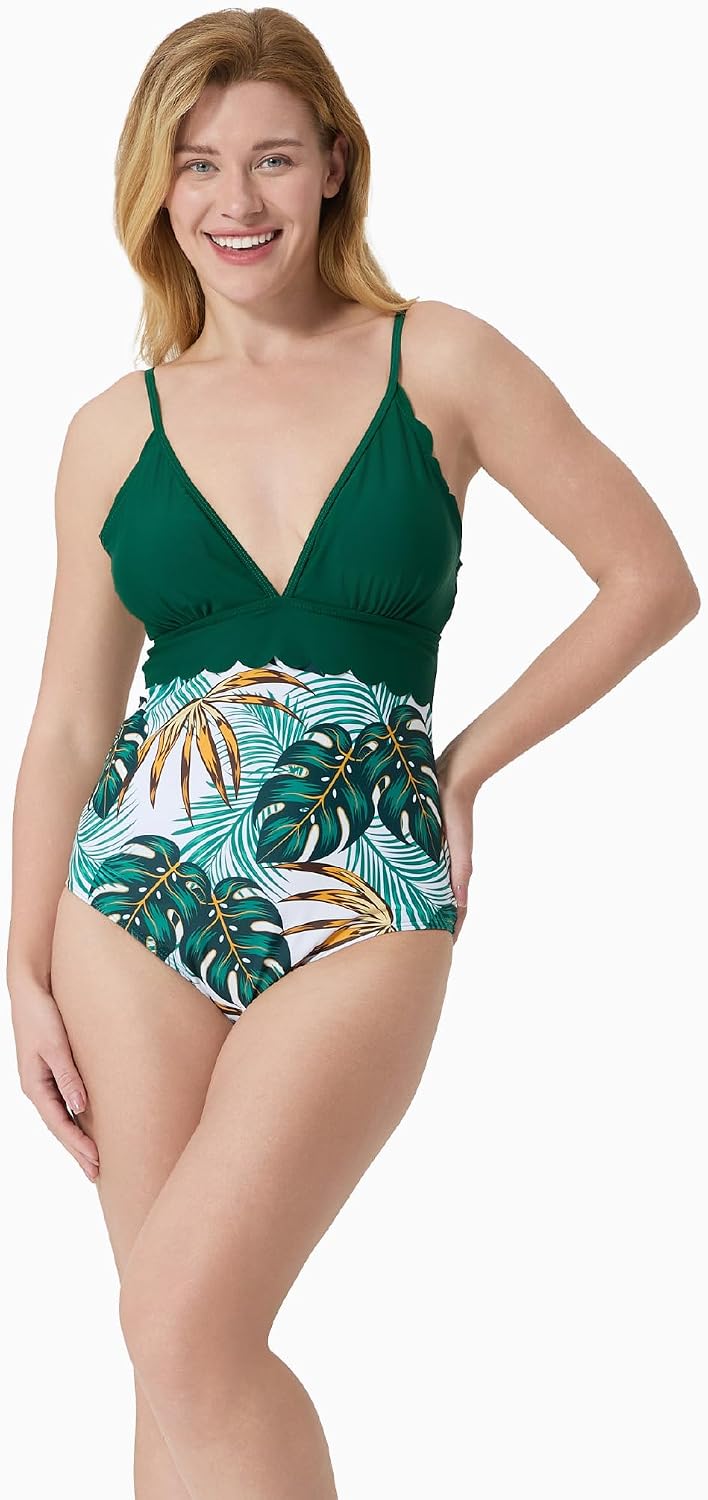PATPAT Mommy and Me Matching Swimsuit：One Piece V Neck Bathing Suits Leaves Printed Family Swimwear Matching Set