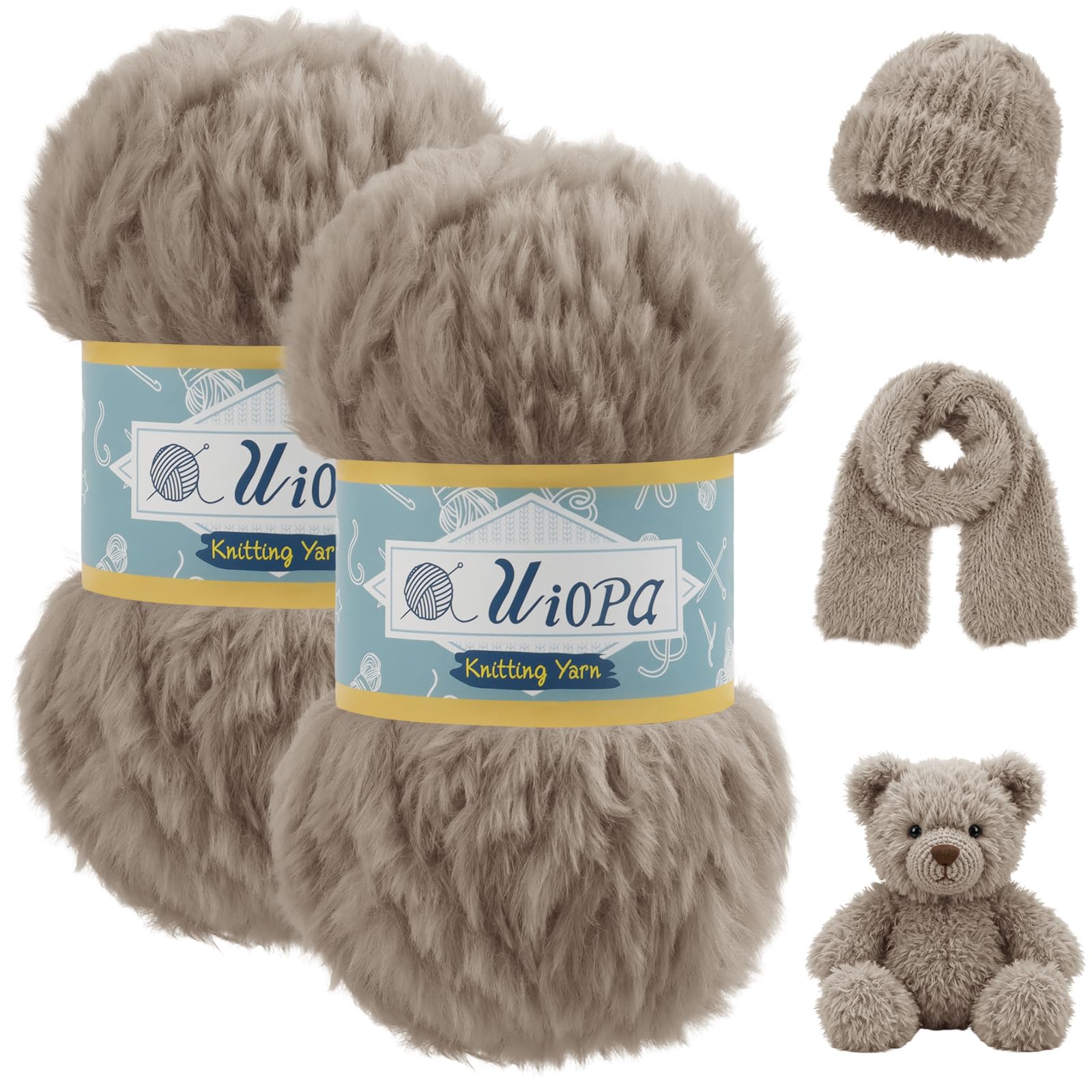Uiopa Light Coffee Faux Fur Yarn, 2 x 100g (2 x 56m) Polyester Fluffy Yarn for Crochet, Plush Knitting Wool Chunky Fluffy Wool for Scarves Hats Shawls Amigurumi DIY Crafts