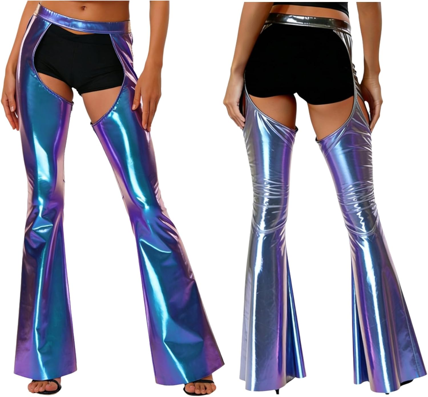 Women's Open Crotch Metallic Shiny Chaps Flared Pants Elastic Waistband Bell-Bottom Trousers