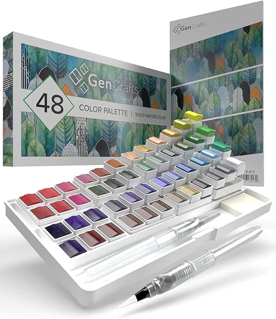 GenCrafts Watercolor Paint Palette with Bonus Paper Pad Includes 48 Premium Colors - 2 Refillable Water Blending Brush Pen...