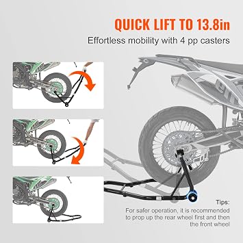 vevor Motorcycle Stand Lift 850lbs Front Rear Combo Stand Lift Stand Front Wheel Fork Stands Rear U+L Fork Swingarm Spool Stands Compatible with Most Yamaha Honda Kawasaki Suzuki Motorcycles Black