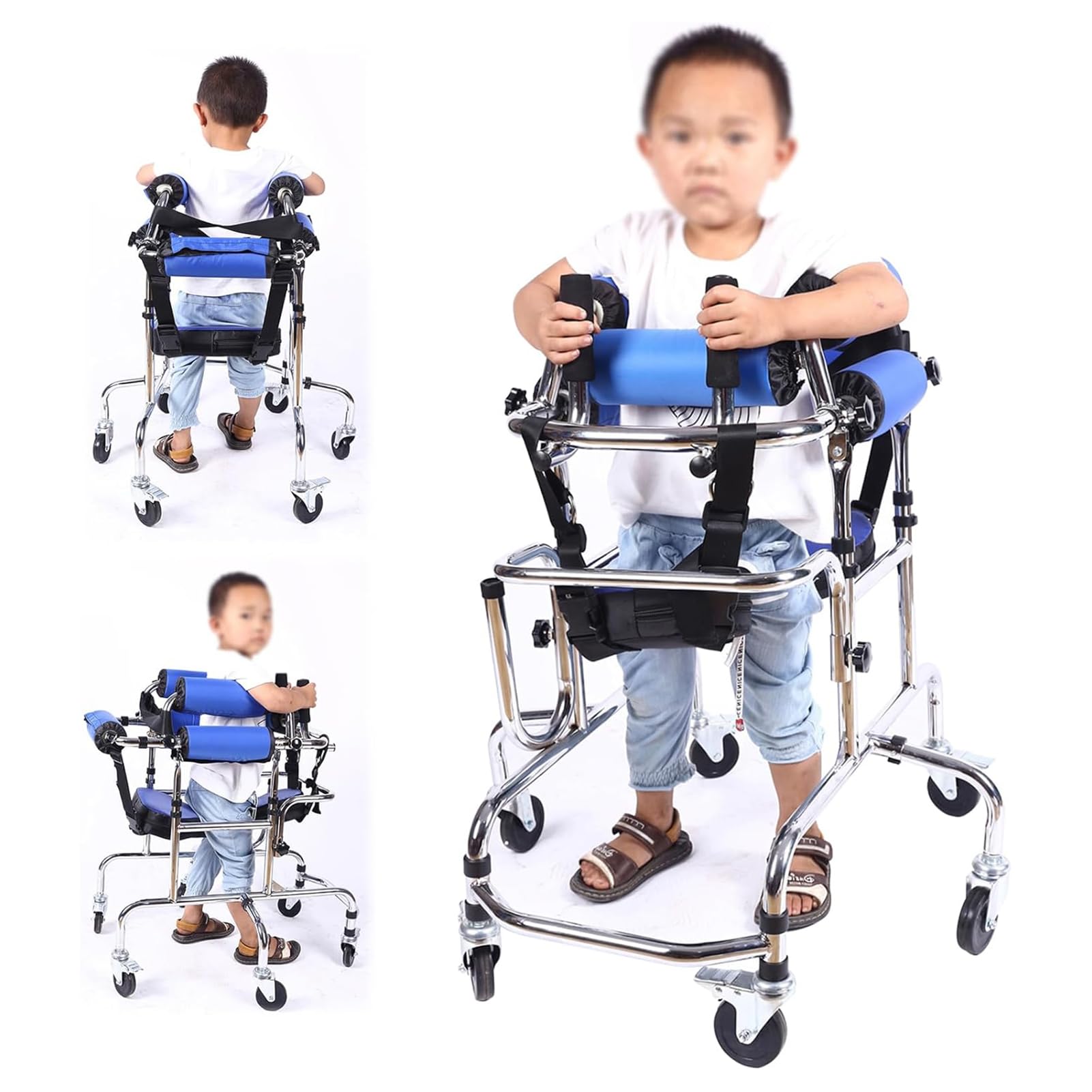 Gzghrzqs Blue Folding Adjustable Upright Rollator Mobility Walke | 6-Wheel Rollator Walker With Seat | For Children With Cerebral Palsy- Rehabilitation Standing Frame Walker Walking Aid, For Disabled