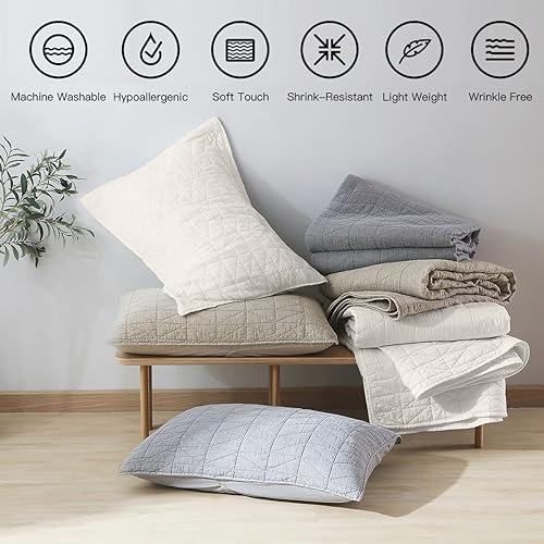 Miniatura 10 de HORIMOTE HOME Juego de edredón tamaño King, color azul mezclilla, patrón clásico de puntos geométricos cosidos, colcha de microfibra prelavada,