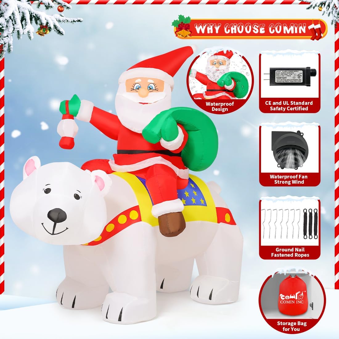 COMIN 7 FT Christmas Inflatables Outdoor Decorations, Blow Up Santa Claus Inflatable Polar Bear Shaking Head with Built-in LEDs for Christmas Indoor Outdoor Yard Lawn Garden