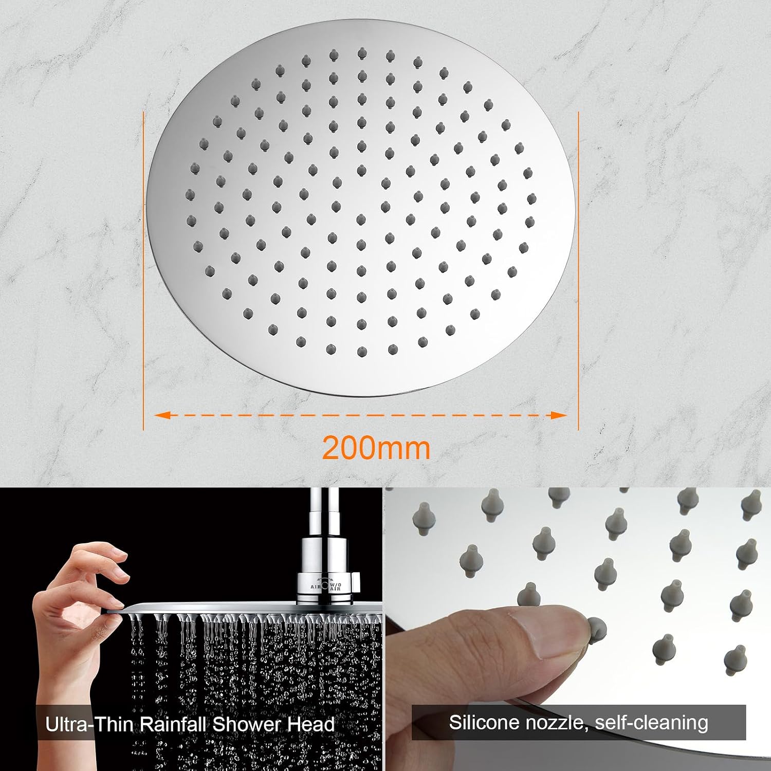 Ibergrif M20293 Rain Shower Head, 8 Inch Round Fixed Showerhead, 304 Stainless Steel Ultra Thin Top Spray Shower Head with 126 Jets for Bathroom, Chrome