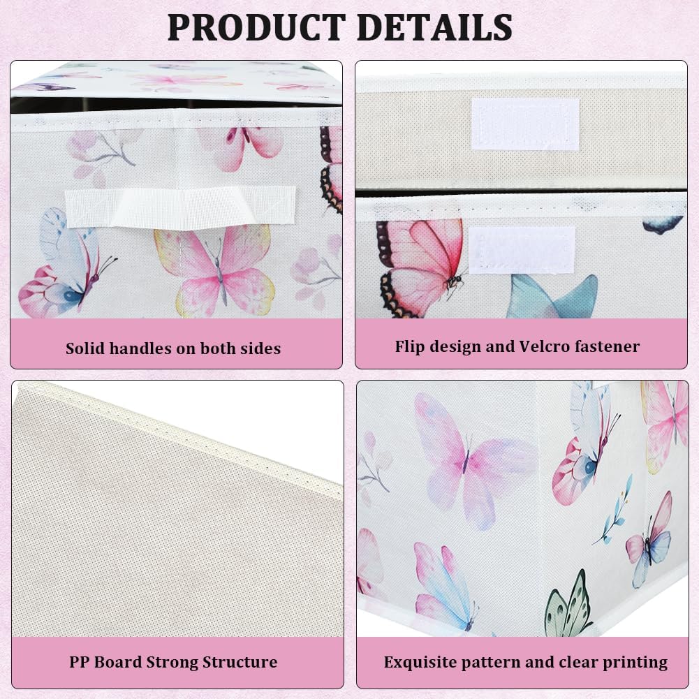 Butterfly Storage Box Collapsible Fabric Storage Bins Decorative Colorful Butterfly Organizer Cubes with Lids and Carrying Handle Rectangle Folding Containers for Bedroom Closet Shelves