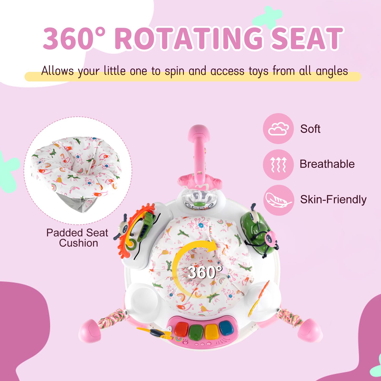 COSTWAY Baby Activity Center, Baby Jumpers & Bouncers with 360° Rotary Seat, Music, Lights, 3 Adjustable Heights, Interactive Toys, for Ages 6 Months + (Pink) - 4
