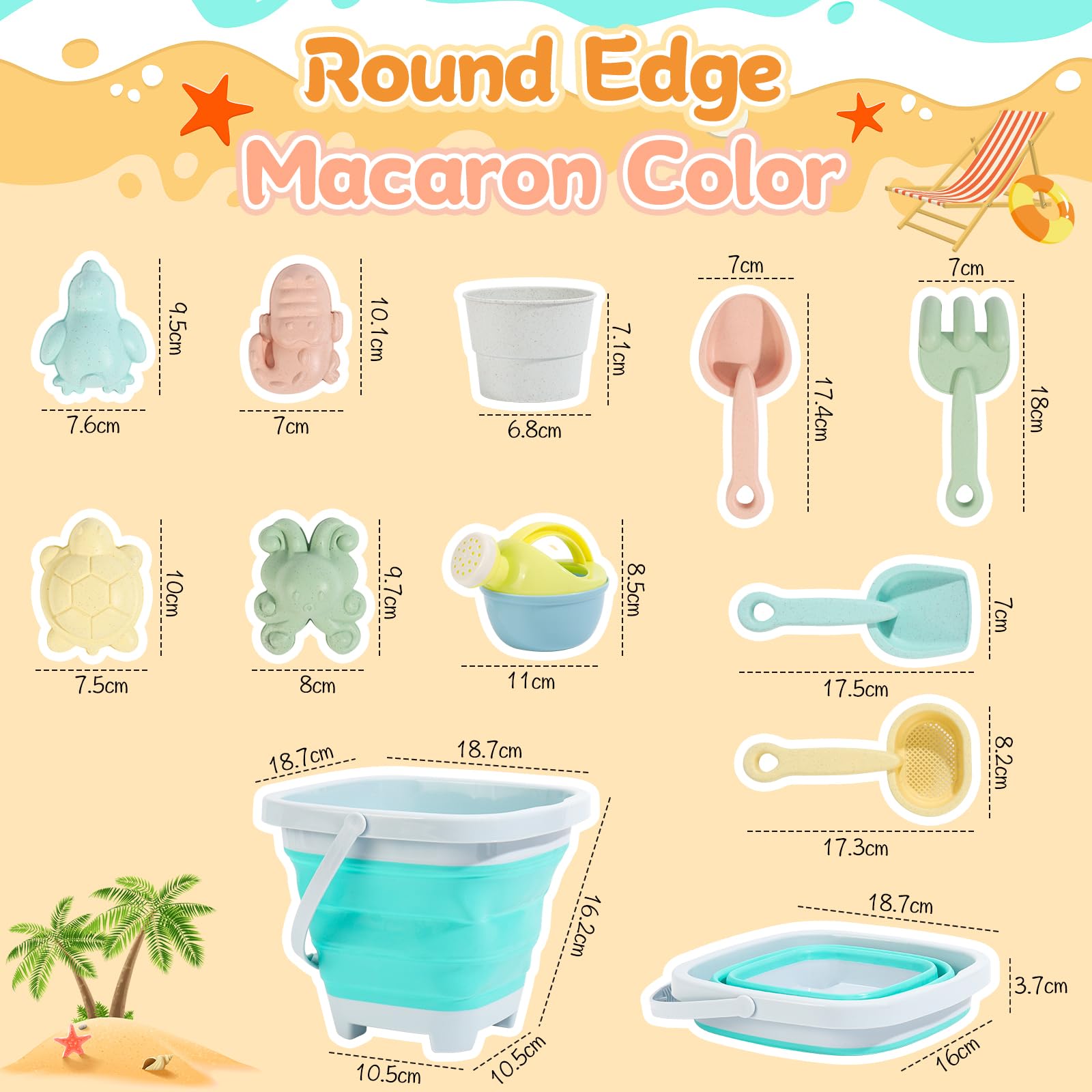 Juego De Playa De 11 Piezas Con Cubo Plegable – Palas, Rastrillo, Colador Y 8 Moldes De Animales, De Silicona Sin BPA Para Niños De 1 A 4 Años (azul)