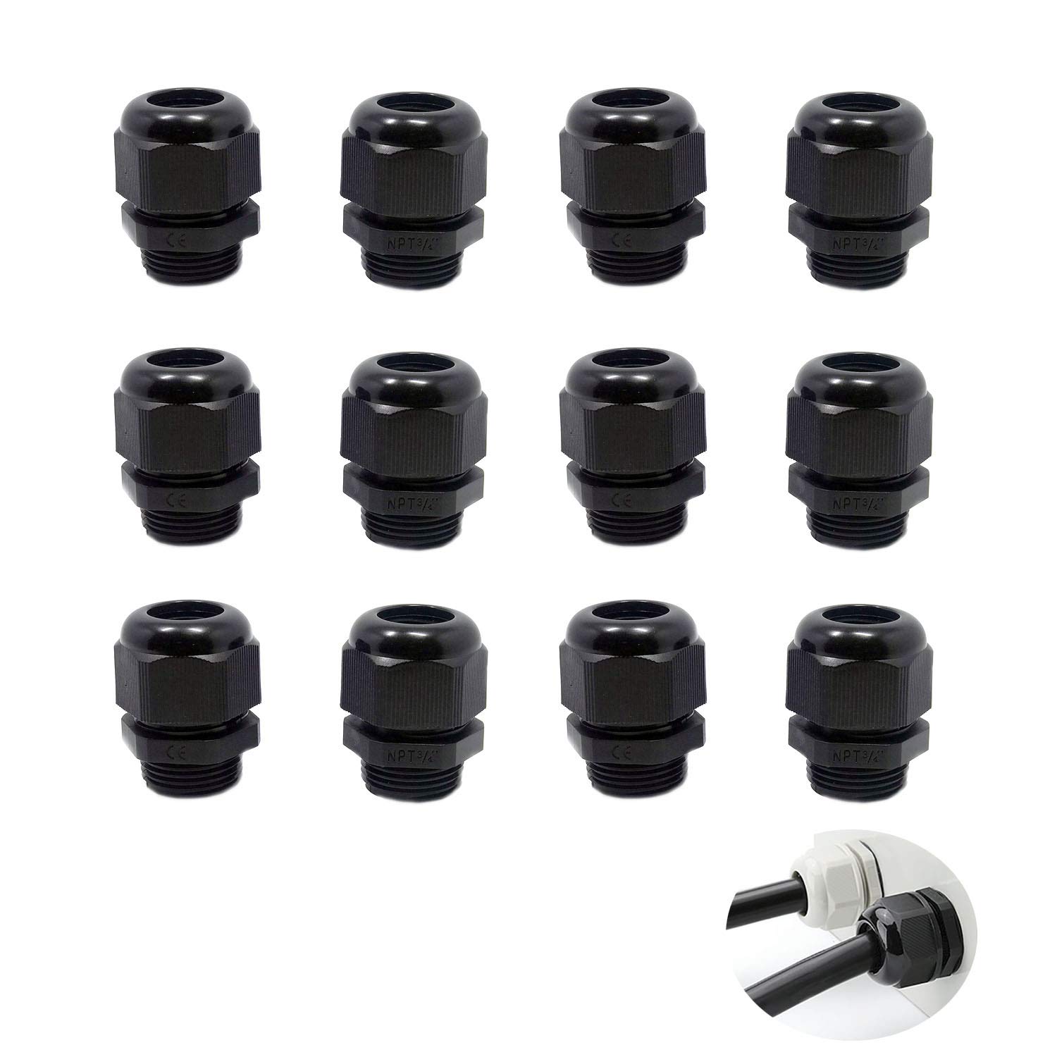 TamBee 3/4'' Npt Cable Glands Nylon Plastic Connectors UL Approved IP68 Waterproof Adjustable 12.5-18mm Cord Gland Assortment Joints Wire Protectors (12 Pack)-image-42