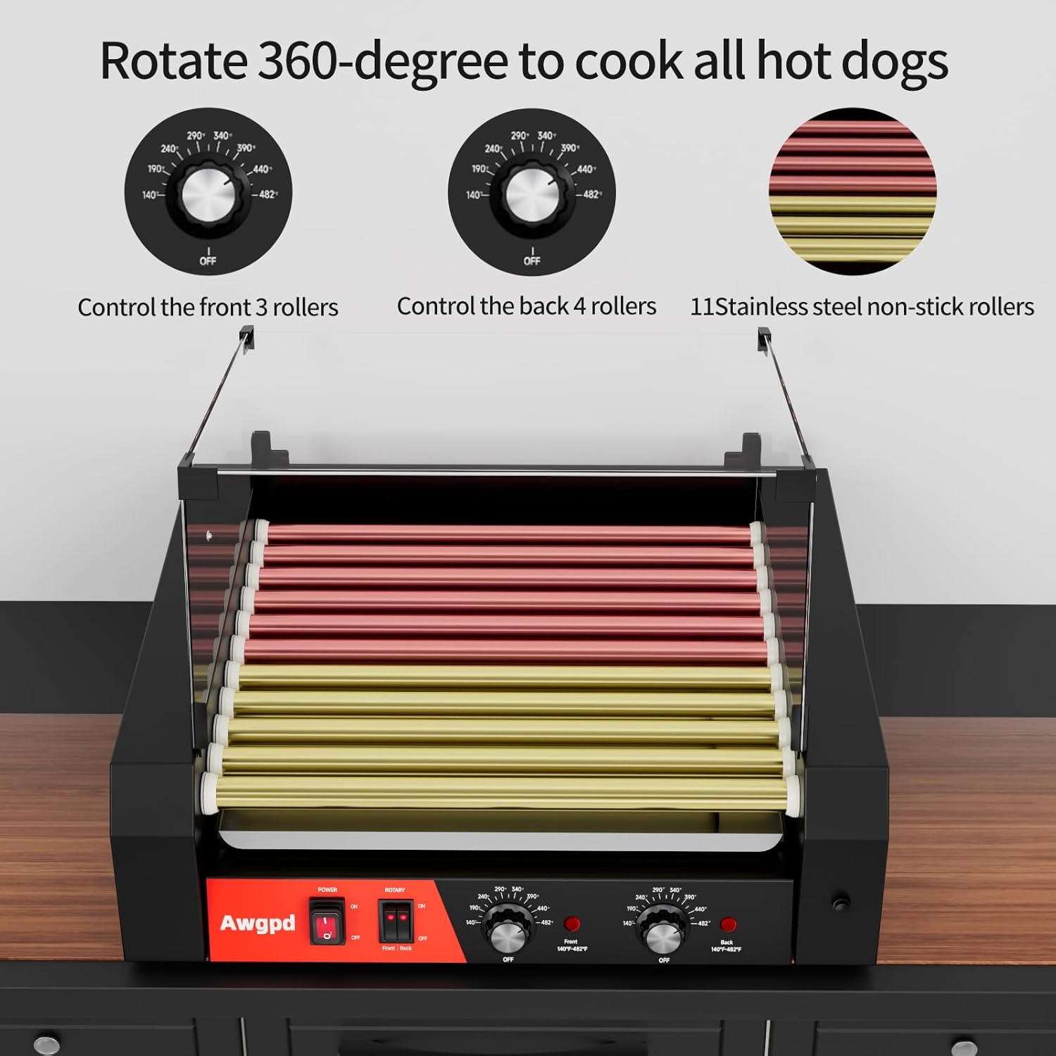 1650W Commercial Hot Dog Rollers,11 Rollers 30 Hotdog Roller Grill,Stainless Steel Hot Dog Machine With Dust Cover,Hot Dog Roller Machine With Dual Temp Control Bun Warmer Shelf Removable Drip Tray