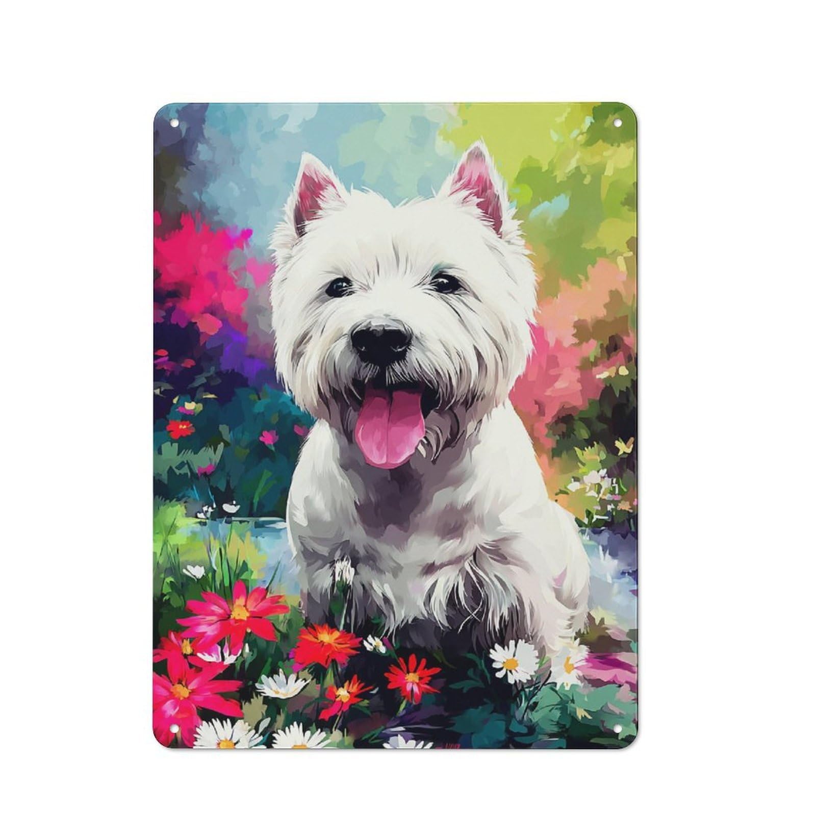 Classic Metal Plaque 40x30cm Featuring Floral Fantasy with White Dog -2, Bistro Wall Plaque for Kitchen, Cafe, Pantry Or Dining Room