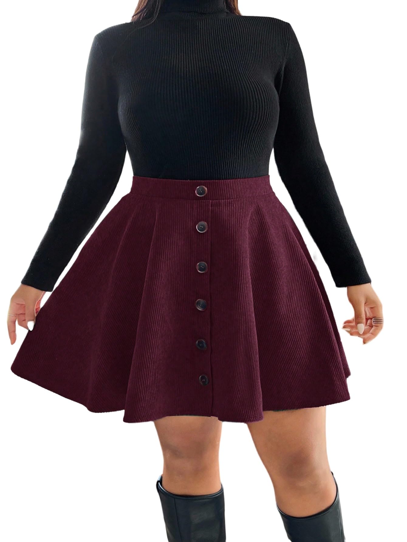 SOLY HUX Korte rok voor dames, grote maten, minirok, A-lijn, cordrock, hoge taille, korte rok, skaterrok, corduroy, mini-plooirok met knoopdecoratie, bordeaux, XL SOLY HUX Korte rok voor dames, grote maten, minirok, A-lijn, cordrock, hoge taille, korte rok, skaterrok, corduroy, mini-plooirok met knoopdecoratie, bordeaux, XL