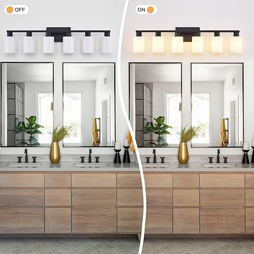 Miniatura 7 de Lámpara de tocador de baño de 6 luces negras, iluminación negra mate para espejo, lámparas de baño rústicas con vidrio esmerilado blanco lechoso,