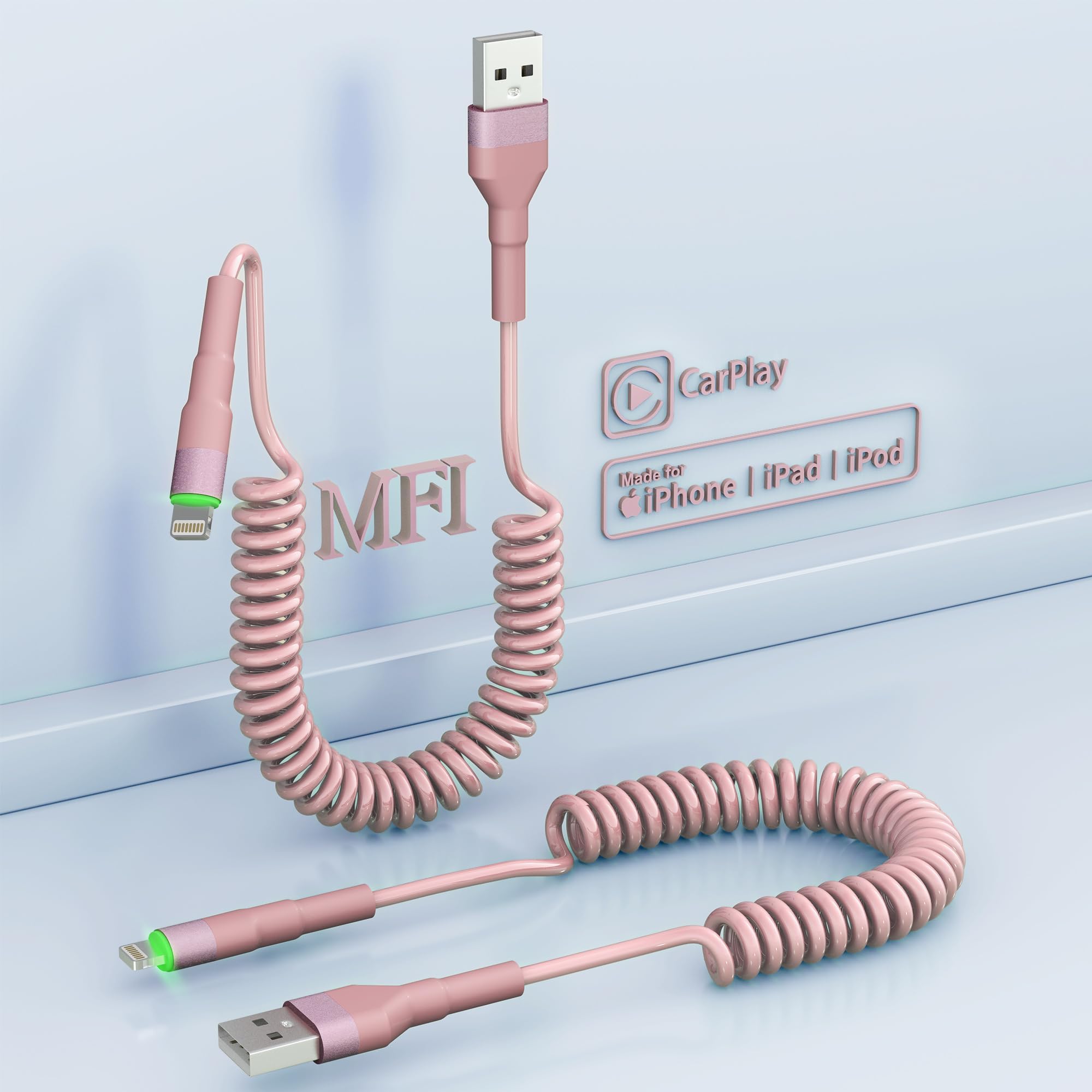 Coiled iPhone Lightning Cable for Apple Carplay, 2 Pack iPhone Charger Cable for Car, [Apple MFi Certified] Retractable iPhone Charger with Data Sync, Short iPhone Charger Cord for iPhone/Pad/Pod
