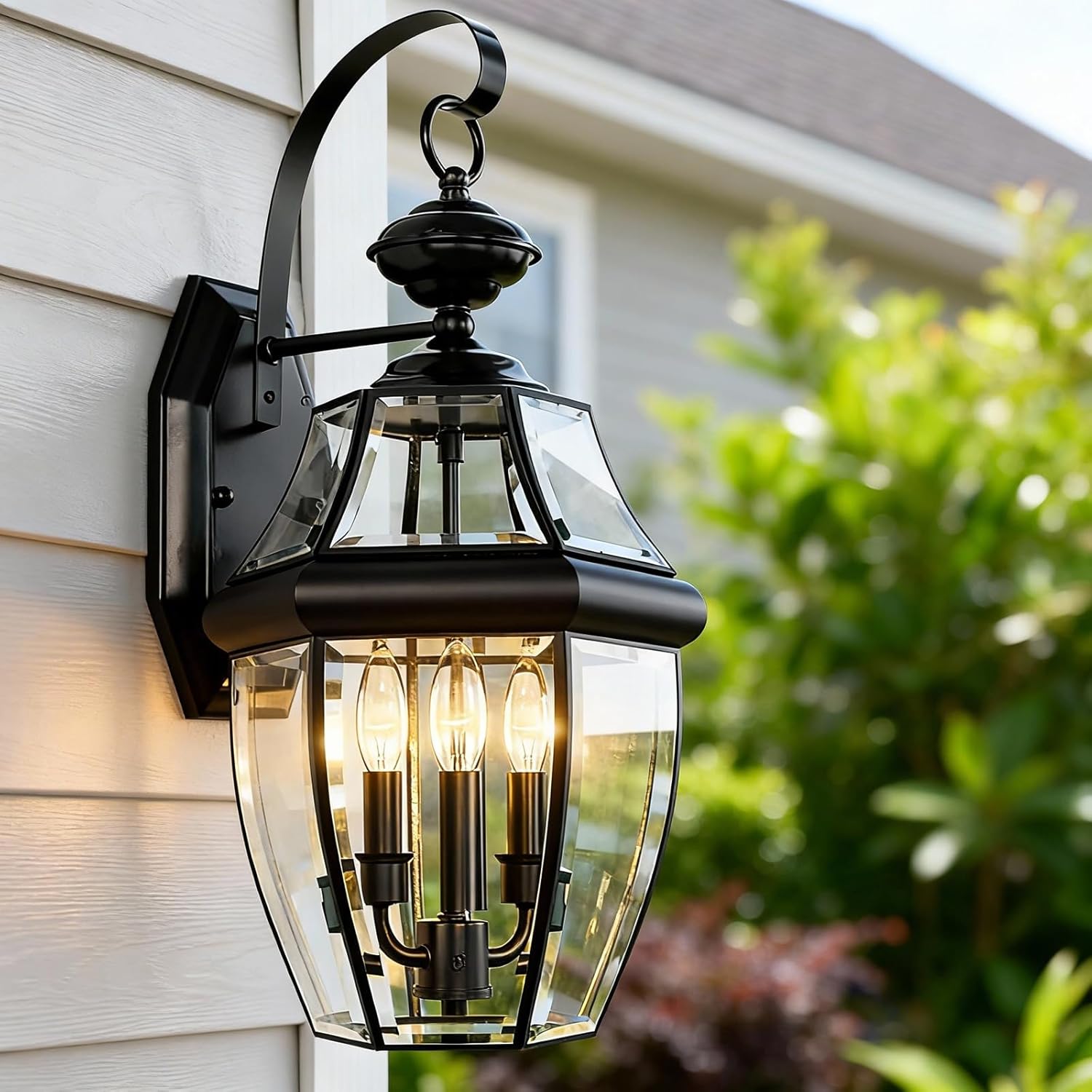 3 Light Outdoor Wall Lanterns, Large Exterior Lights Fixtures, Black Waterproof Wall Sconce with Glass Shades, 20 Inch Outside Lighting for Porch, Garage, Patio (E12 Base Not Include Bulb)