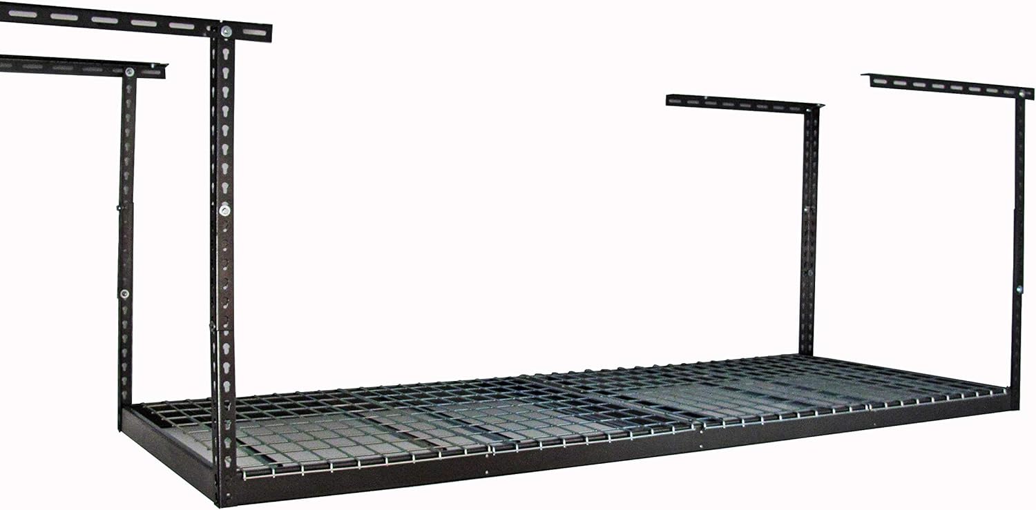 SafeRacks 3x8 Overhead Garage Storage Rack - 500 Pound Weight Capacity Height Adjustable Steel Ceiling-Mounted Rack with Accessories (Hammertone) (18-33)