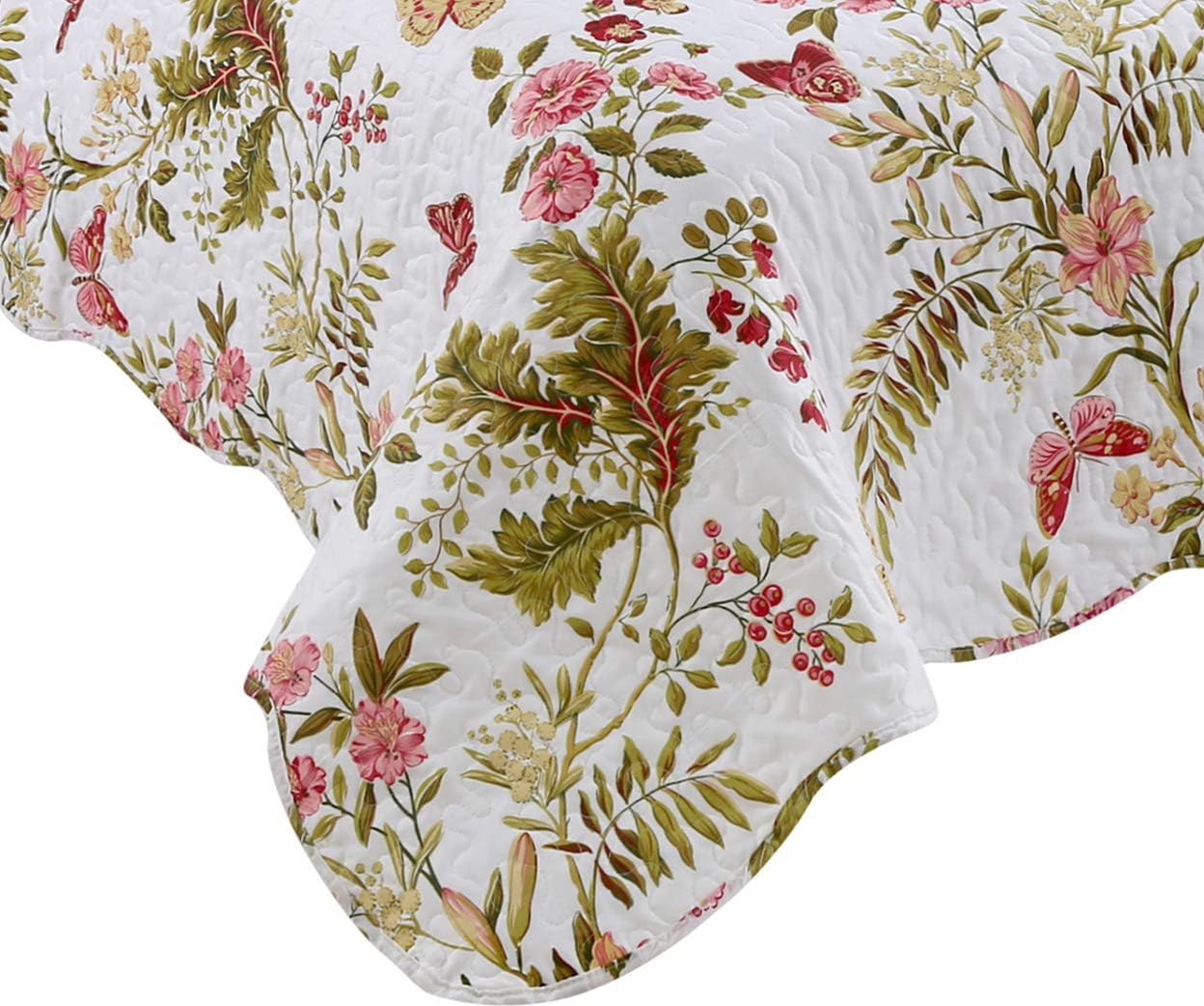 Marina Decoration Rich Printed Stitching Coverlet Bedspread Ultra Soft 3 Piece Summer Quilt Set with 2 Quilted Shams, Butterfly and Flower Pattern Pink Green Red Color Queen/Full Size