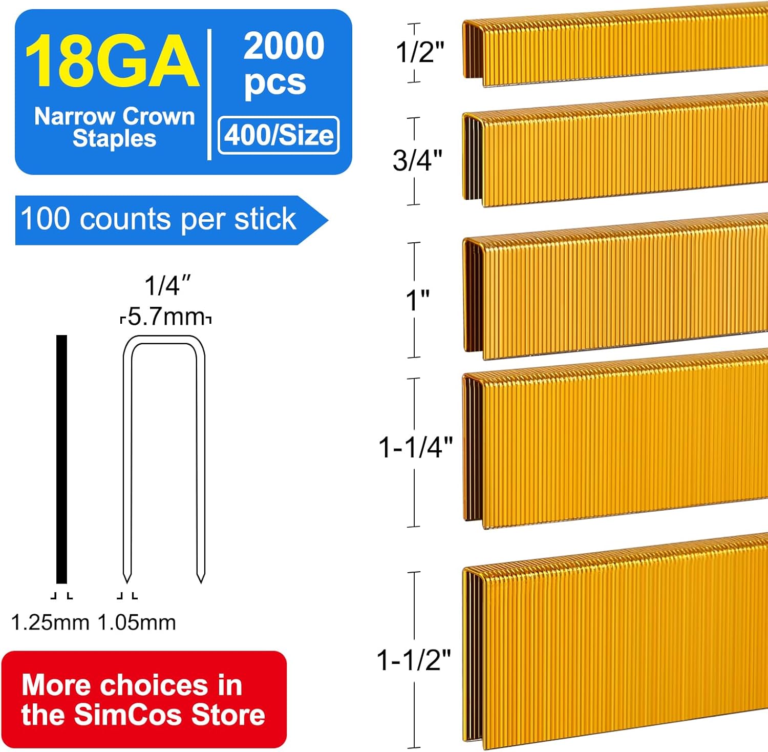 18 Gau 1/ Narrow Crown Staples, Gaanized Assorted Sizes for 18 GA