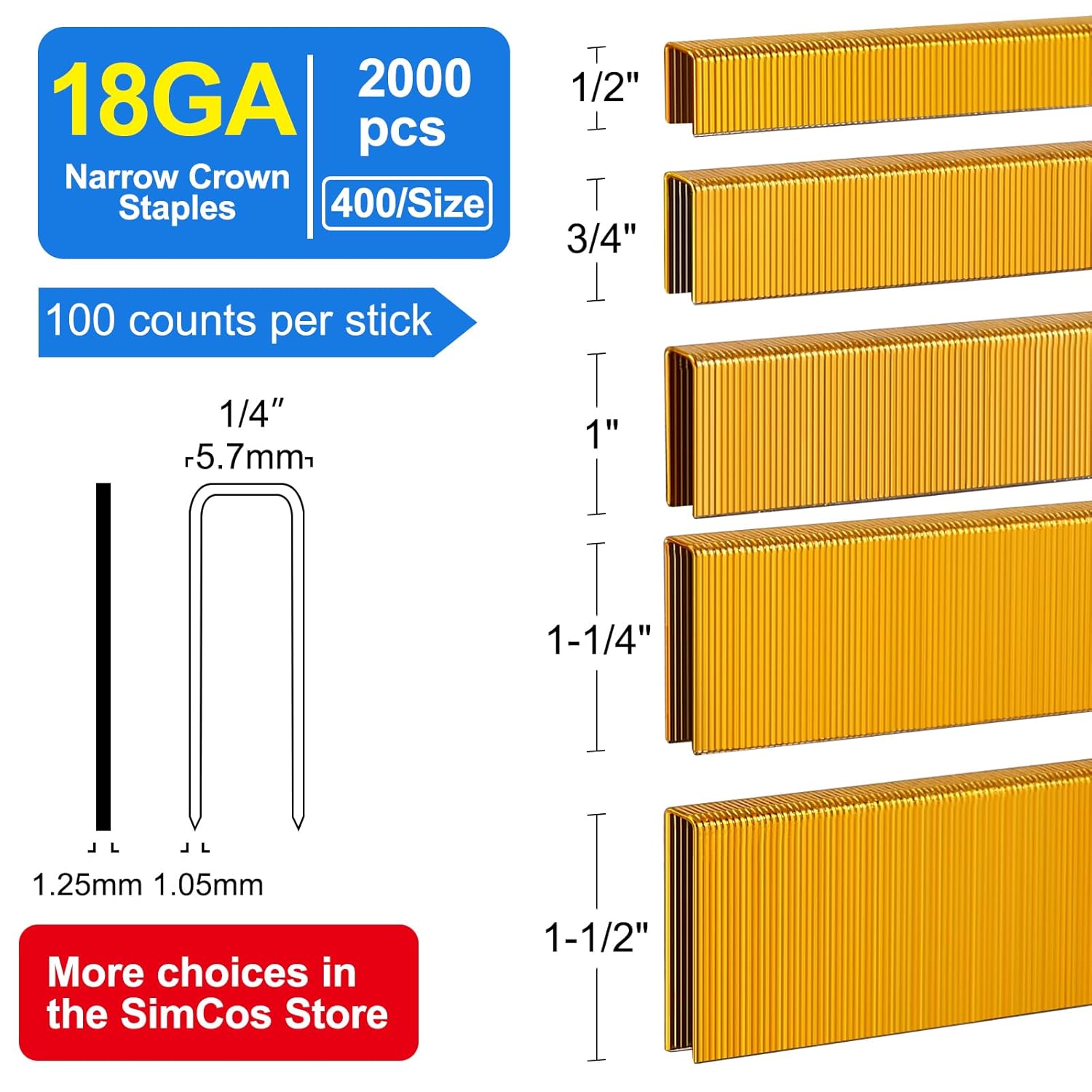 18 Gauge 1/4" Narrow Crown Staples (1-1/2",1-1/4" 1", 3/4", 1/2"), 2000 pcs Galvanized Assorted Sizes for 18 GA Pneumatic or Electric Stapler or Staple Gun,Project Pack (Assembly 2000)