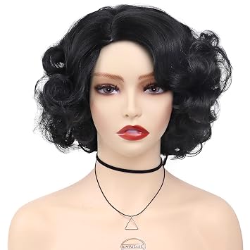 1930s Short Black Curly Flapper Wigs for Women Costume with Red Bowknot | Anime Cosplay Natural Hair Synthetic Hair Halloween Betty Costume Dress Up Drag Queen Flapper Wig with Red Bowknot