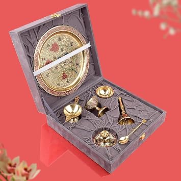 SATVIK 8 Inch Brass Puja Thali 7 Pc Set with Diya and Agarbatti Holder, Brass Metal Pooja Thali Religious Spiritual Puja Accessories for Home and Temple. Complete Puja Thali Set