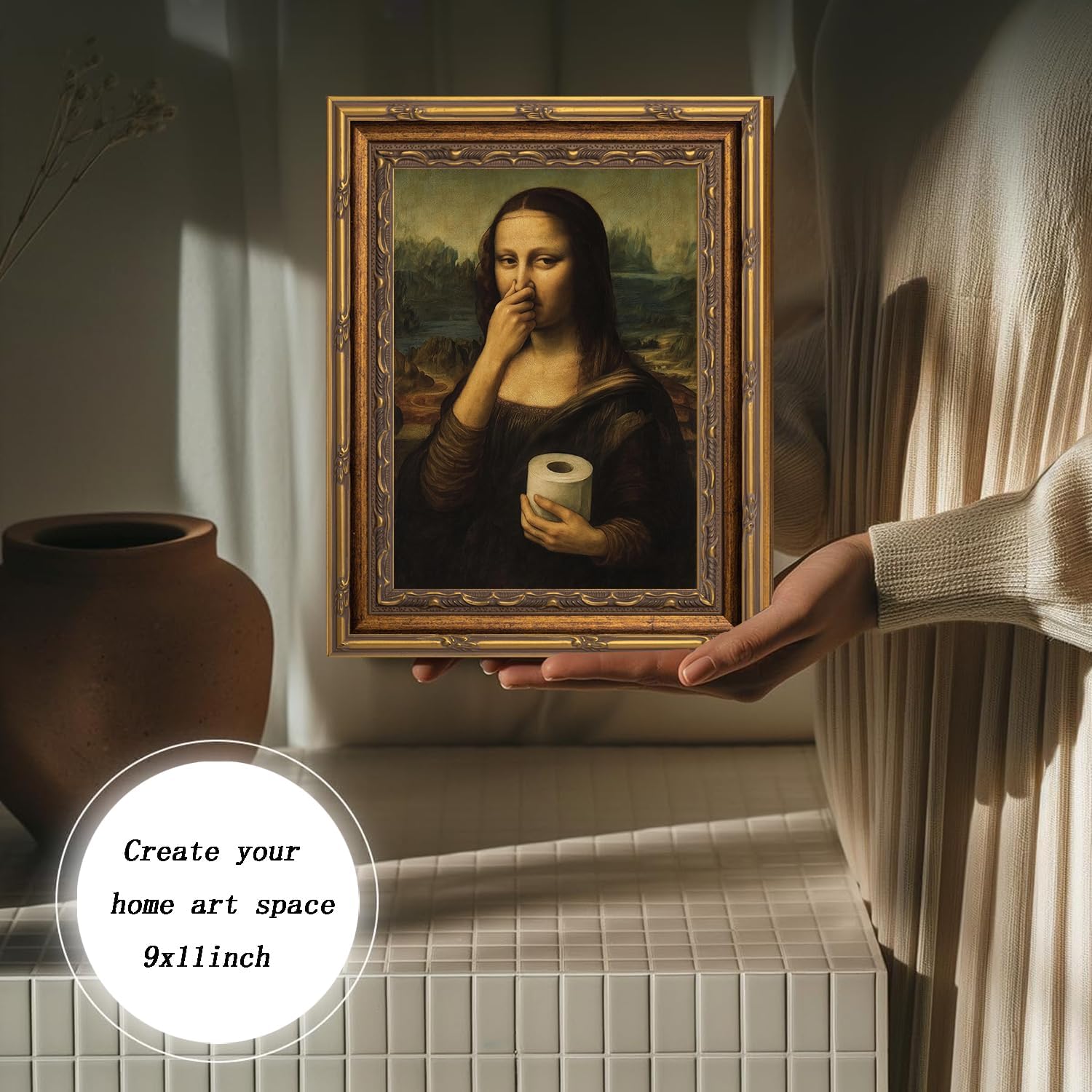 Vintage Gold Carving Framed Mona Lisa Canvas Wall Art Funny Painting Pictures Wall Decor Humor Amusing Toilet Pinching Nose Poster Prints Artwork for Bathroom Restroom Home Decor 9x11 in
