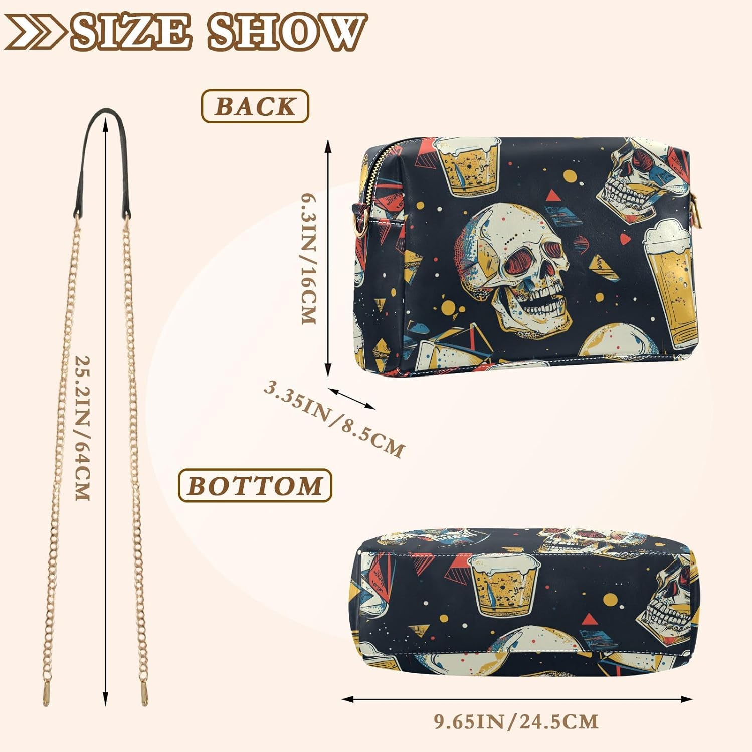 KLL Skulls Drinking Beer Geometric Style Fashion Small Crossbody Bags For Women Vegan Leather Womens Purse Cross Body Zip Ladies Shoulder Handbags