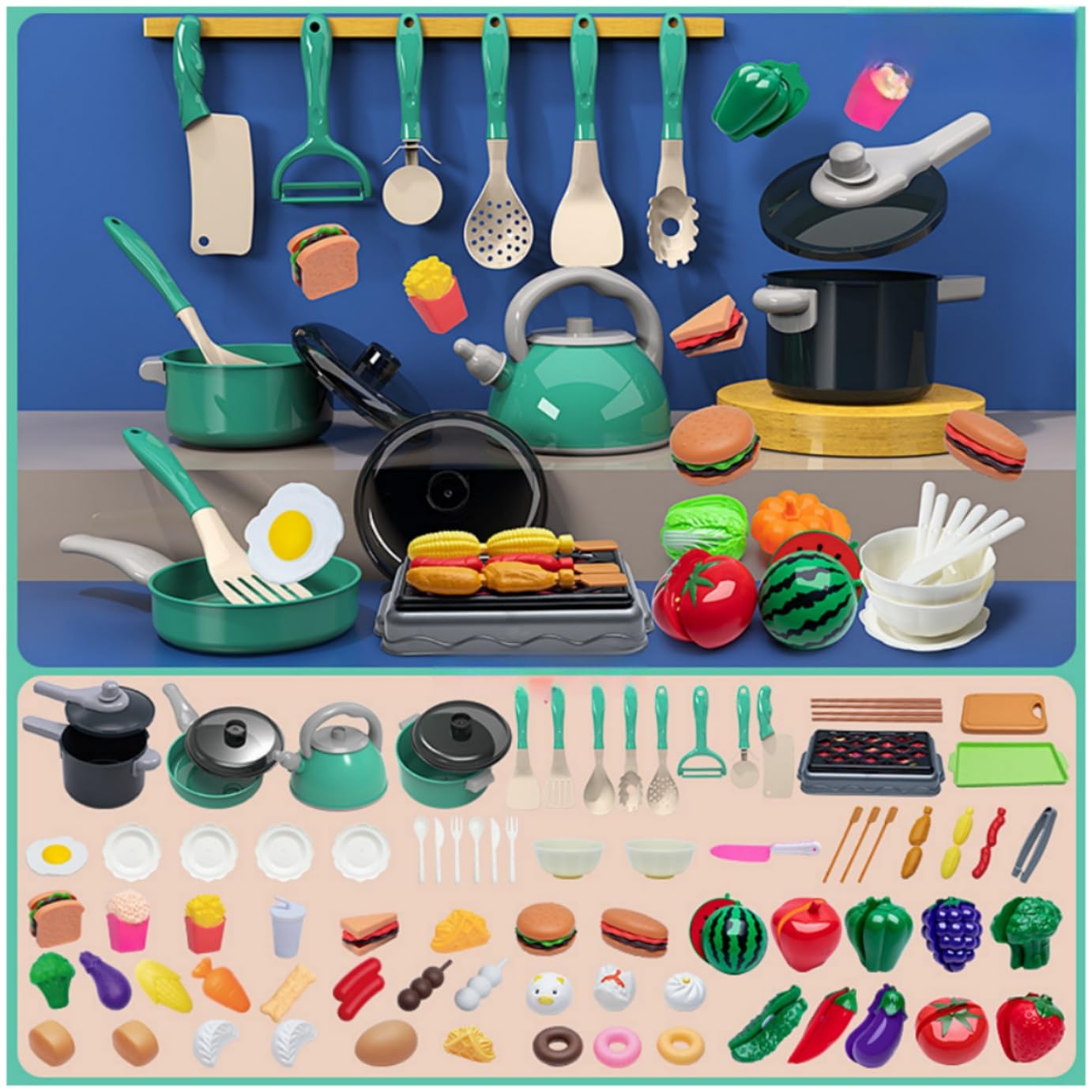Set da Cucina Giocattolo per Bambini 110 Pezzi, Utensili da Chef per Giochi di Ruolo, Pentole e Padelle, Alimenti Giocattolo, Accessori Cucina Montessori per Bambini 3-8 Anni (Blu 83 pezzi)