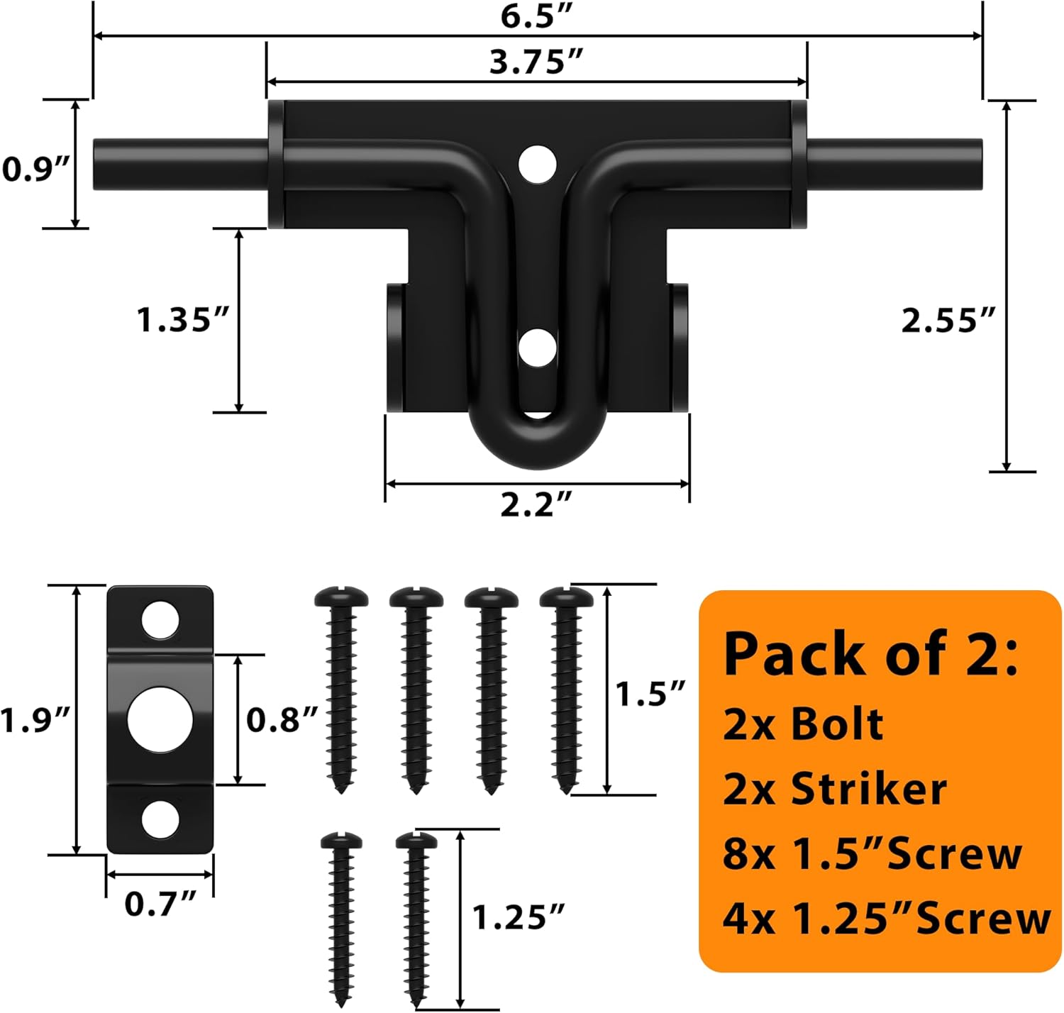 6.4 Inch Heavy Duty Slide Bolt Latch, Bi-Directional Gate Latch with Protective Coating, Solid Hardware Thickened Bolt Latch for Left or Right Hand Swinging and Sliding Doors-2 Pack