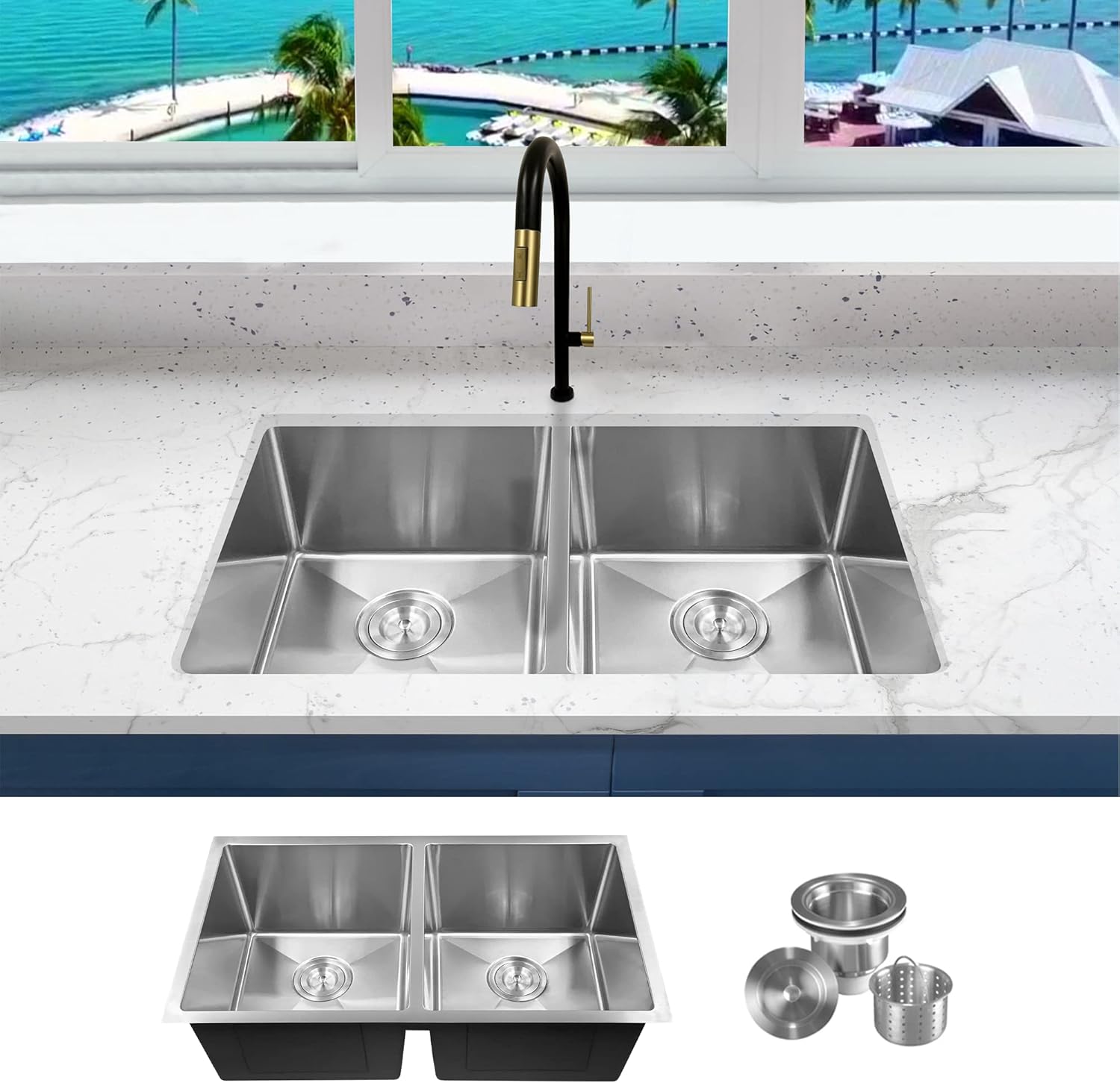 KABCO 18 Gauge 31 Inch Double Bowl Undermount Stainless Steel Kitchen Sink with 2 Pieces Sink Accessories, Rust Resistant Sound and Heatproof Laser Cut Tight Radius Sink for Indoor or Outdoor Kitchens