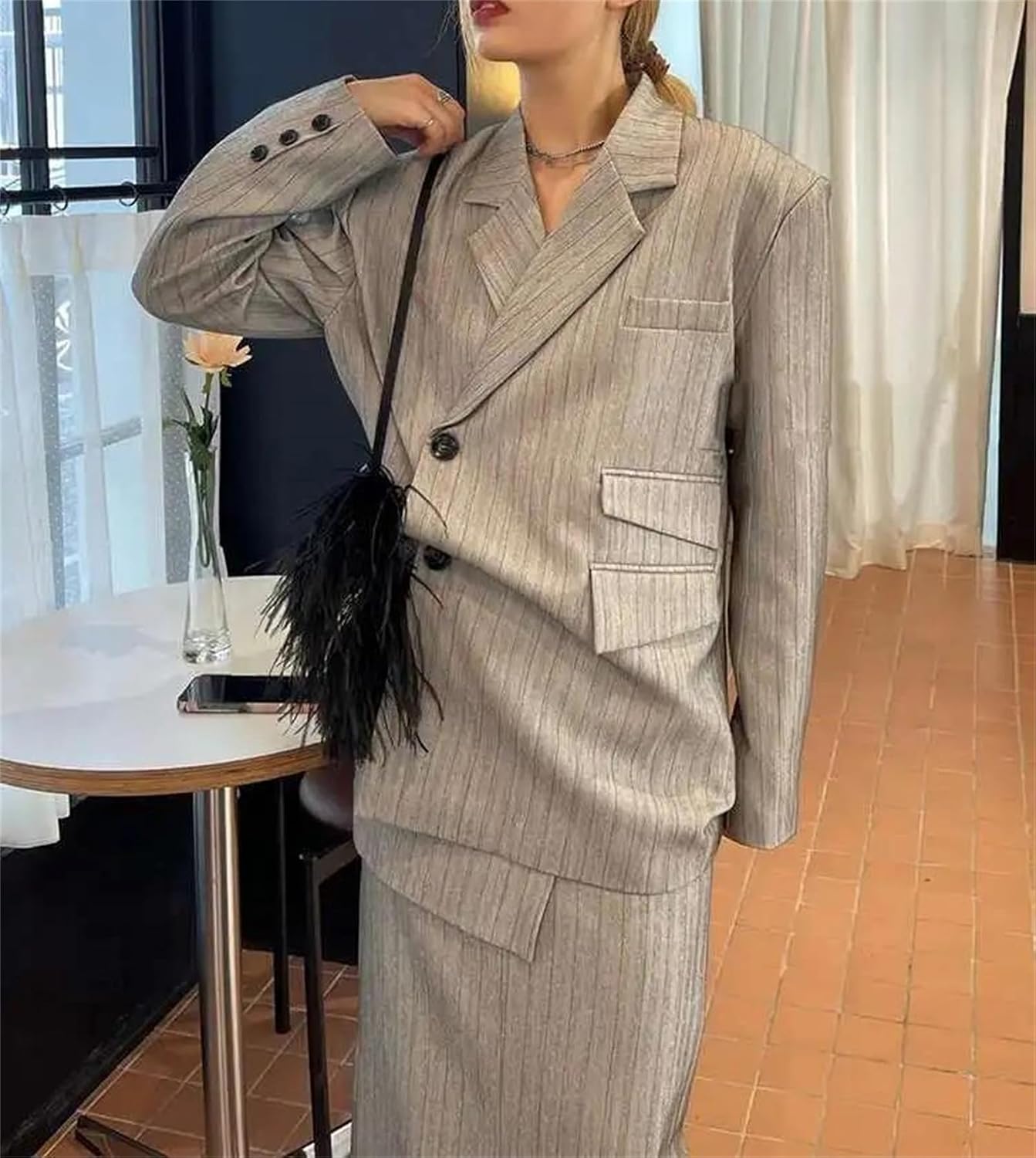 Women’S Blazers Skirts Set Diagonal Buckle Designer Striped Suit Sets Female Office Work Professional Outfits