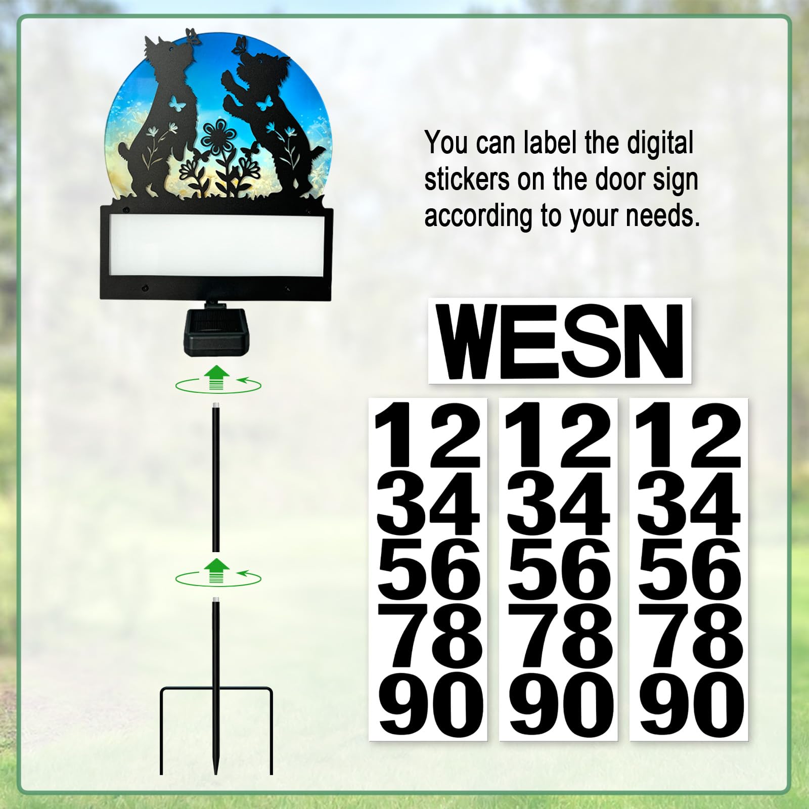 Solar-Hausnummern, Hofschild, solarbetriebene Lichter, Metall, verspielte Yorkie-Hunde-Silhouette, Gartenstecker