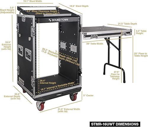 Miniatura 5 de Sound Town Funda ATA de audio PA DJ Pro de 16U con mezclador inclinado de 11U, cajón de bloqueo, mesa auxiliar, profundidad de 20 pulgadas y ruedas