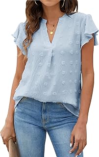 Womens White Blouse V Neck Ruffle Sleeve Flowy Shirts Dressy Casual Cute Summer Tops