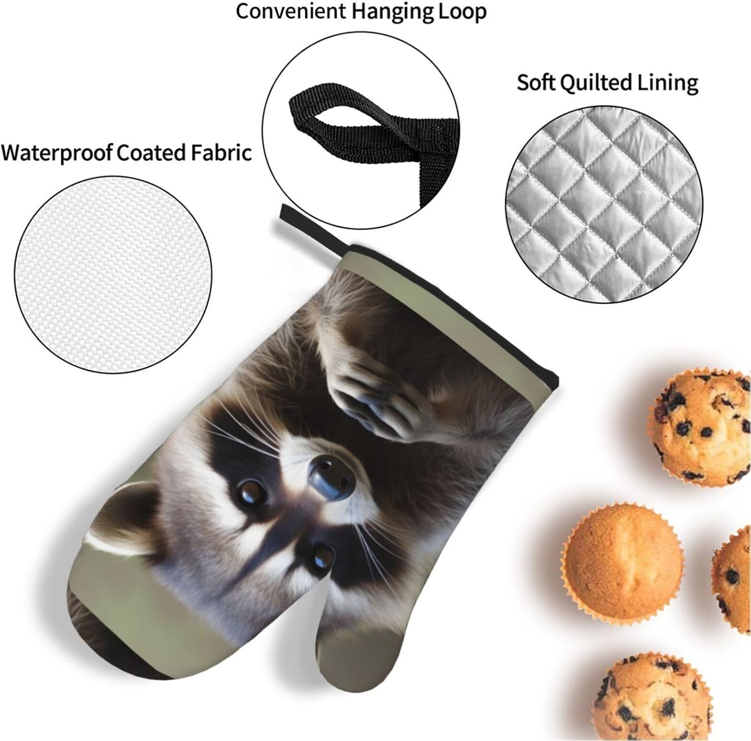 (Cute Raccoon) Baking 4-Piece Set: 2 Oven Mitts and 2 Pot Holders Heat Resistant Waterproof Hanging Loop for Kitchen Oven Grill Housewarming Gifts