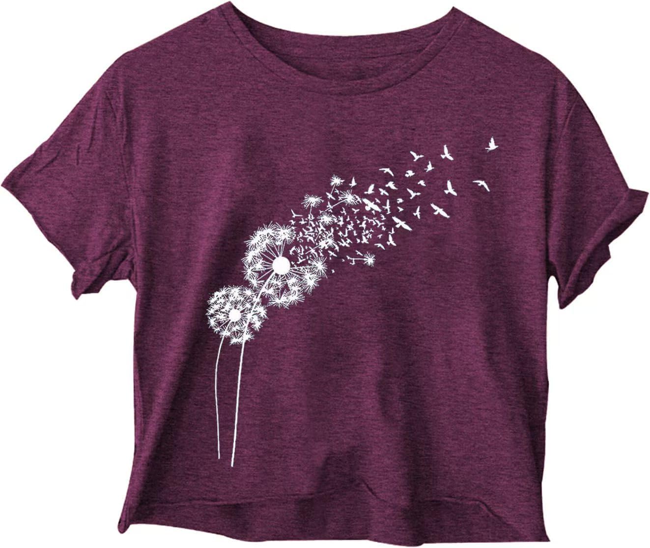 Woffccrd Womens Short Sleeve Crop Tops Wildflower T-Shirts Crew Neck Summer Casual Loose Graphic Tee Tops