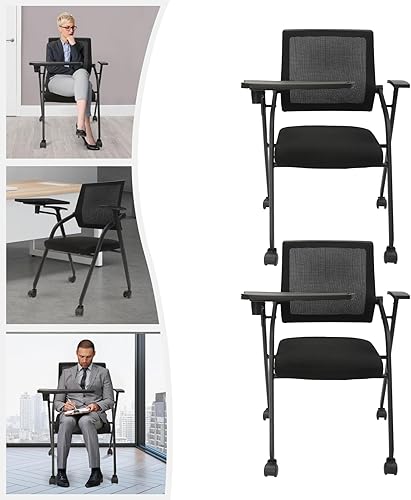 Miniatura 3 de Juego de 2 sillas apilables de malla para recepción de invitados, silla de oficina portátil con ruedas y brazos, silla de fiesta para oficina,