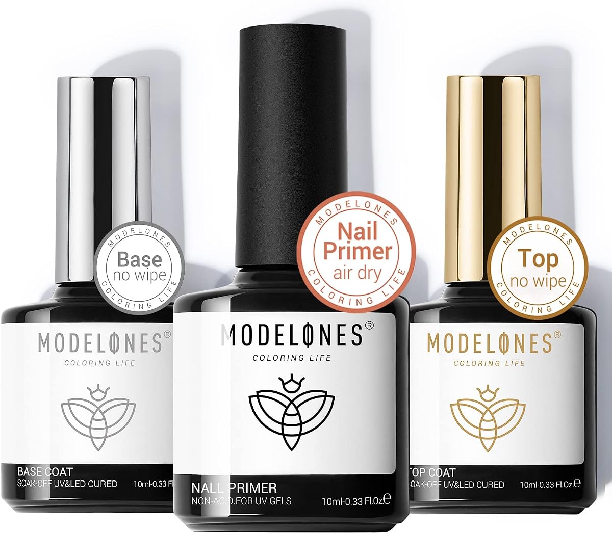 modelones Gel Base Top Coat Set with Nail Primer, 3 Pcs No Wipe Clear Base and Top Coat Nail Bonder Primer Set for Nails Super Shiny Long Lasting Home DIY Manicure Gift for Women